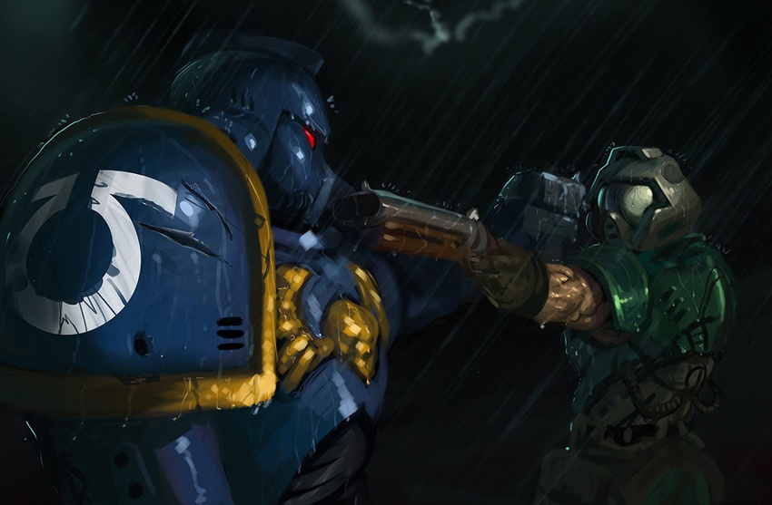 adeptus_astartes aiming armor bad_id bad_tumblr_id black_background bolter confrontation crossover doom_(game) doomguy drawfag epic full_armor gloves gun helmet manly mexican_standoff multiple_boys outstretched_arm pauldrons power_armor rain shotgun shoulder_pads simple_background space_marine ultramarines upper_body warhammer_40k weapon