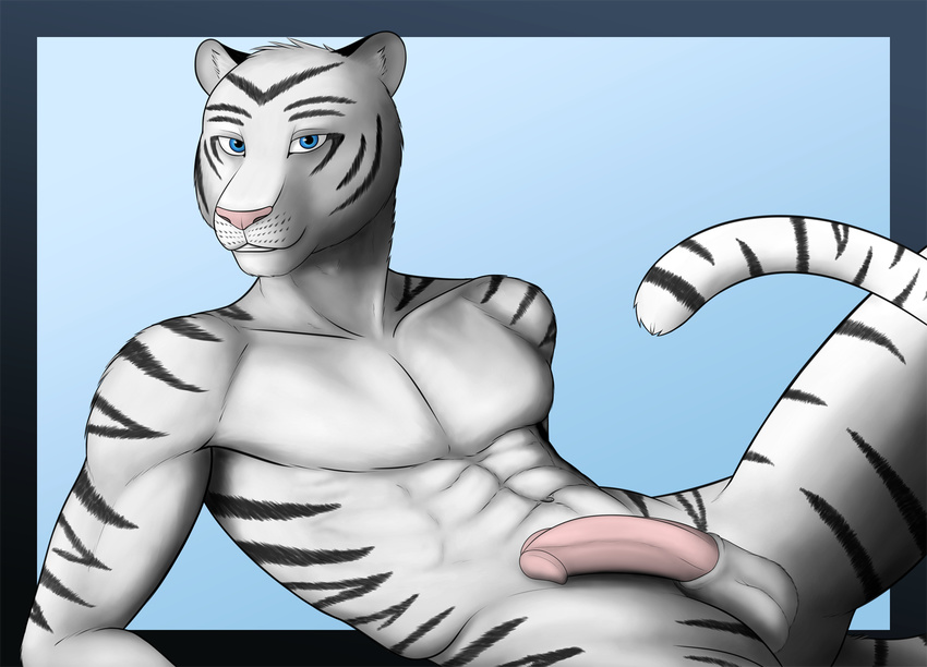 abs anthro aolun aolun_(artist) balls biceps black_fur blue_eyes body_markings feline fur looking_at_viewer male mammal markings muscles nude pecs penis pink_nose pose solo tiger white_tiger