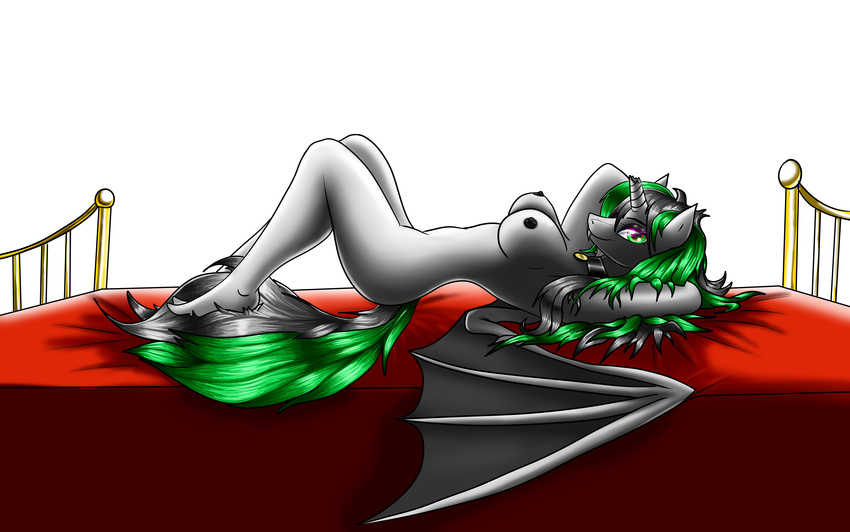 anthro ask-elyse bed breasts broken_horn dragon_wings elyse_kinslayer equine female green_eyes green_hair grey_hair hair hi_res hybrid kirin mammal my_little_pony nude red_eyes solo two_tone_eyes two_tone_hair wings