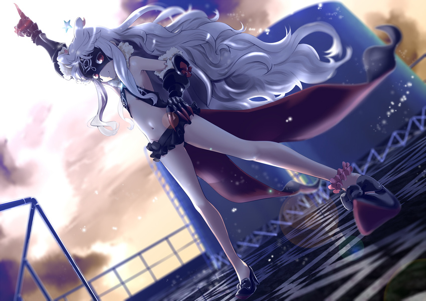 antenna_hair bangs bare_shoulders blunt_bangs fur_trim gauntlets gloves highres hoshimiya_kate long_hair lowleg_skirt midriff navel pointing pointing_up poker-face-008 red_eyes sekai_seifuku:_bouryaku_no_zvezda silver_hair smile solo standing star venera-sama very_long_hair