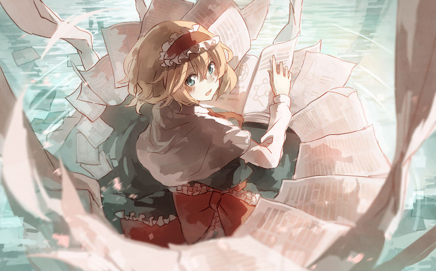 alice_margatroid asuka_(louyun) blonde_hair blue_eyes book bow dress frills from_above from_behind hairband looking_at_viewer paper papers short_hair solo touhou water
