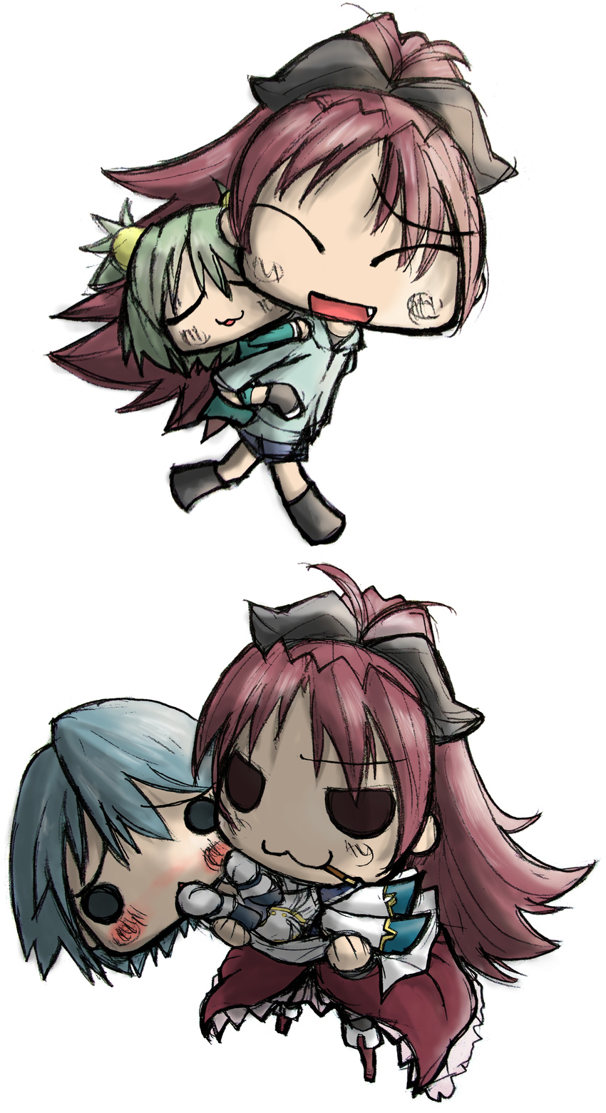 :d ^_^ ^o^ absurdres angry bad_id bad_pixiv_id blush carrying chitose_yuma closed_eyes green_hair highres long_hair looking_at_viewer magical_girl mahou_shoujo_madoka_magica mahou_shoujo_oriko_magica miki_sayaka multiple_girls open_mouth peeking ponytail pout rctr sakura_kyouko simple_background skirt smile solid_circle_eyes sweatdrop twintails white_background