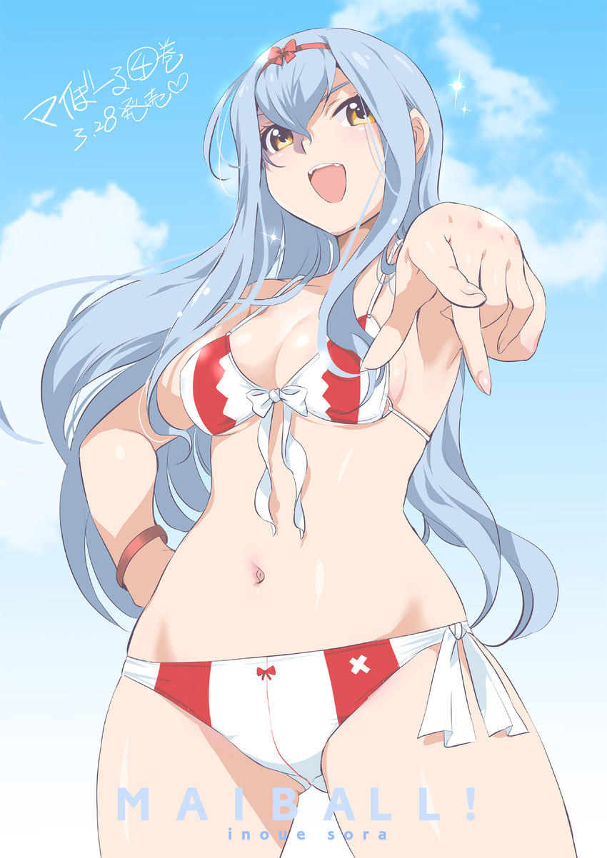 bikini blue_sky bracelet breasts brown_eyes cleavage day front-tie_top hairband hakurai_reika hand_on_hip highres inoue_sora jewelry long_hair looking_at_viewer mai_ball! medium_breasts navel open_mouth pointing pointing_at_viewer revision side-tie_bikini sideboob signature silver_hair sky smile solo swimsuit white_bikini