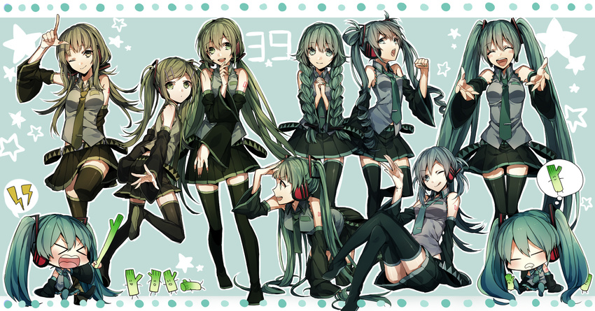 &gt;_&lt; 6+girls alternate_hairstyle bare_shoulders belt boots braid chibi closed_eyes crossed_legs detached_sleeves fist_pump green_eyes green_hair hair_ornament hairclip hands_clasped hatsune_miku headphones highres long_hair low_twintails multiple_girls multiple_persona necktie one_eye_closed open_mouth own_hands_together pleated_skirt sitting skirt sleeping smile spring_onion star thigh_boots thighhighs twin_braids twintails very_long_hair vocaloid wonoco0916 zettai_ryouiki