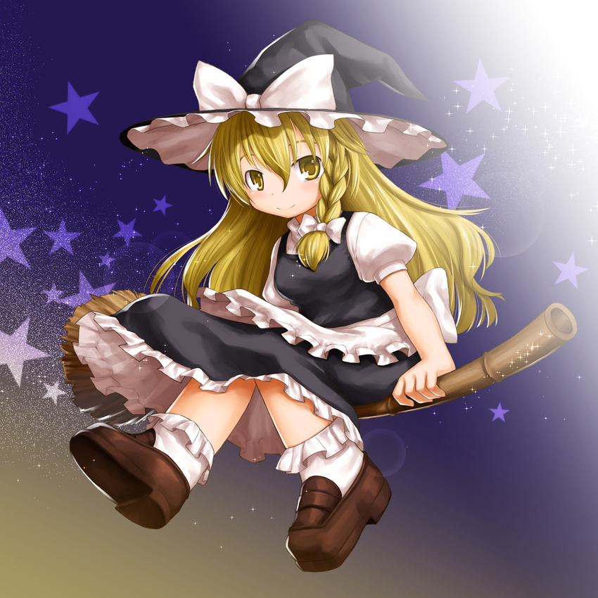 blonde_hair braid broom broom_riding colorized hat highres kasuga_yukihito kirisame_marisa long_hair revision side_braid single_braid smile solo star starry_background touhou witch_hat yellow_eyes