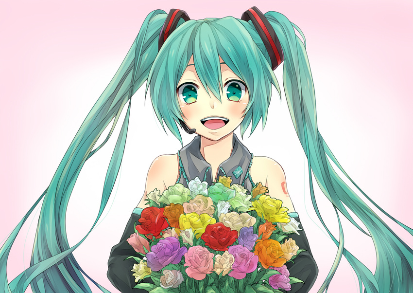 bad_id bad_pixiv_id bouquet detached_sleeves flower green_eyes green_hair hatsune_miku headset long_hair open_mouth smile solo tomozero twintails very_long_hair vocaloid
