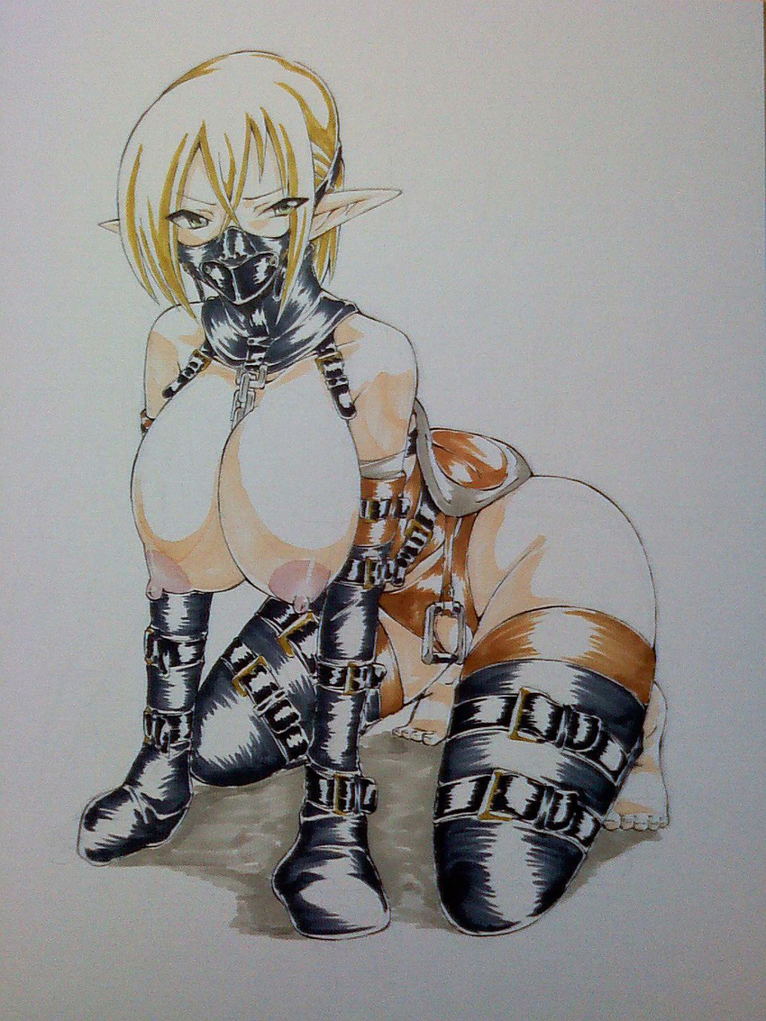 1girl all_fours bdsm blonde_hair bondage bound breasts collar elf female gag gagged harness kagamikunn large_breasts legbinder looking_at_viewer maron_(kagamikunn) marron_koubou mittens muzzle_gag neck_corset nipples pet_play pointy_ears pony_girl posture_collar saddle simple_background solo white_background