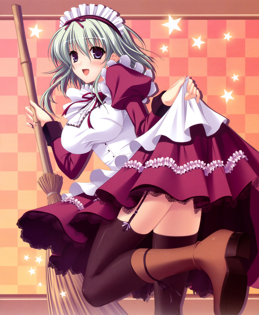 1girl :d absurdres angelina_nanatsu_sewell black_legwear boots breasts broom checkered checkered_background commentary dress dress_lift garter_straps green_hair highres komori_kei lace-trimmed_skirt legs maid maid_headdress mashiroiro_symphony open_mouth purple_eyes short_hair skirt_lift smile solo stockings thighhighs