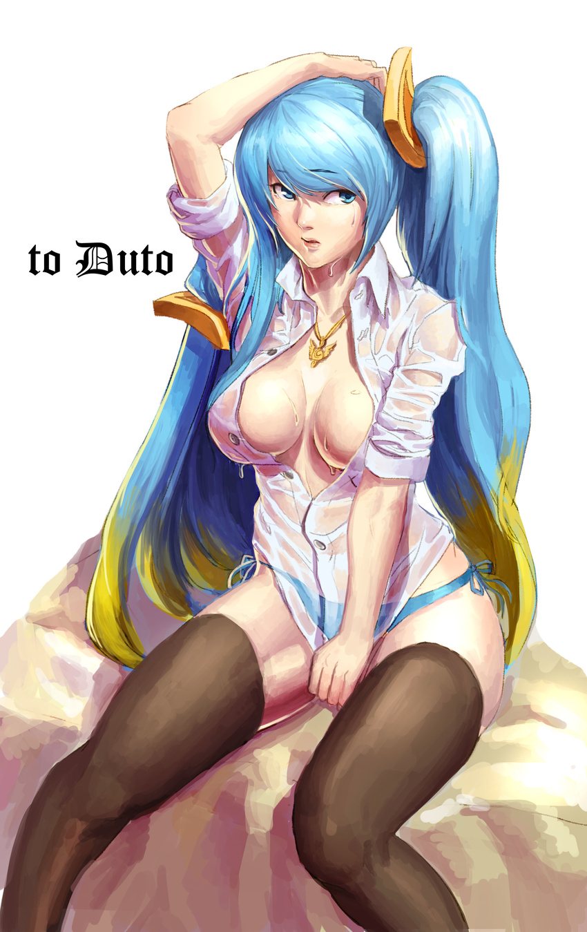 absurdres arm_up bangs black_legwear blue_hair blue_panties breasts cleavage highres jewelry large_breasts league_of_legends lips long_hair multicolored_hair necklace open_mouth oz_(gerbera7) panties see-through shirt side-tie_panties sitting sleeves_rolled_up solo sona_buvelle swept_bangs thighhighs twintails underwear very_long_hair wet wet_clothes wet_shirt