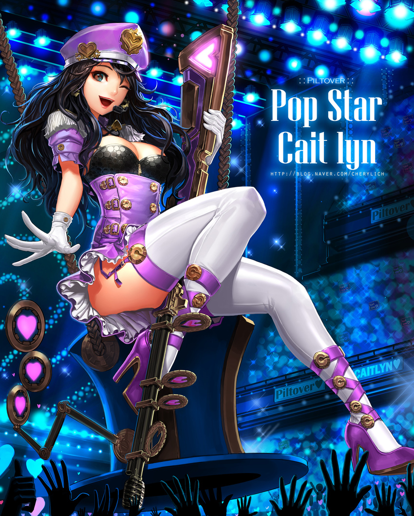 :d absurdres alternate_costume audience black_eyes black_hair breasts caitlyn_(league_of_legends) character_name daeho_cha english garter_straps gloves gun hat headset heart high_heels highres jewelry league_of_legends looking_at_viewer medium_breasts necklace one_eye_closed open_mouth rifle smile sniper_rifle solo thighhighs weapon white_gloves white_legwear