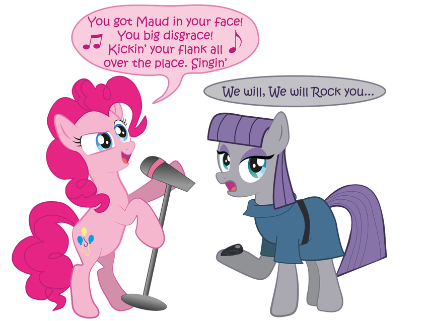 alpha_channel blue_eyes clothed clothing cutie_mark dialog duet duo english_text equine female feral friendship_is_magic hair horse humor mammal maud_pie_(mlp) microphone my_little_pony pink_hair pinkie_pie_(mlp) plain_background pony pun purple_hair raggyrabbit94 rock sibling singing sisters smile text transparent_background visual_pun