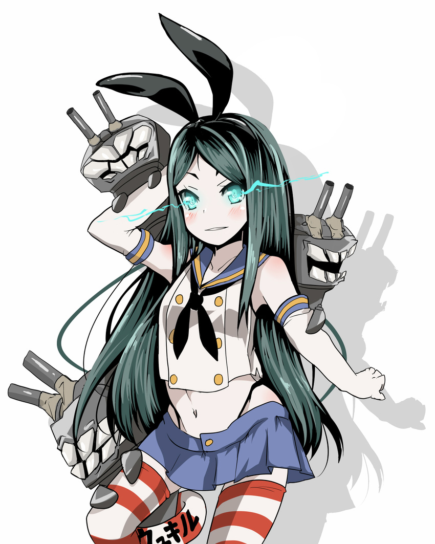 black_hair black_panties blush cannon cosplay crop_top crop_top_overhang elbow_gloves gloves highres kantai_collection light_trail long_hair midriff navel panties ru-class_battleship shimakaze_(kantai_collection) shimakaze_(kantai_collection)_(cosplay) shinkaisei-kan skirt sleeveless solo striped striped_legwear thighhighs tom_(drpow) translated turret underwear very_long_hair weapon