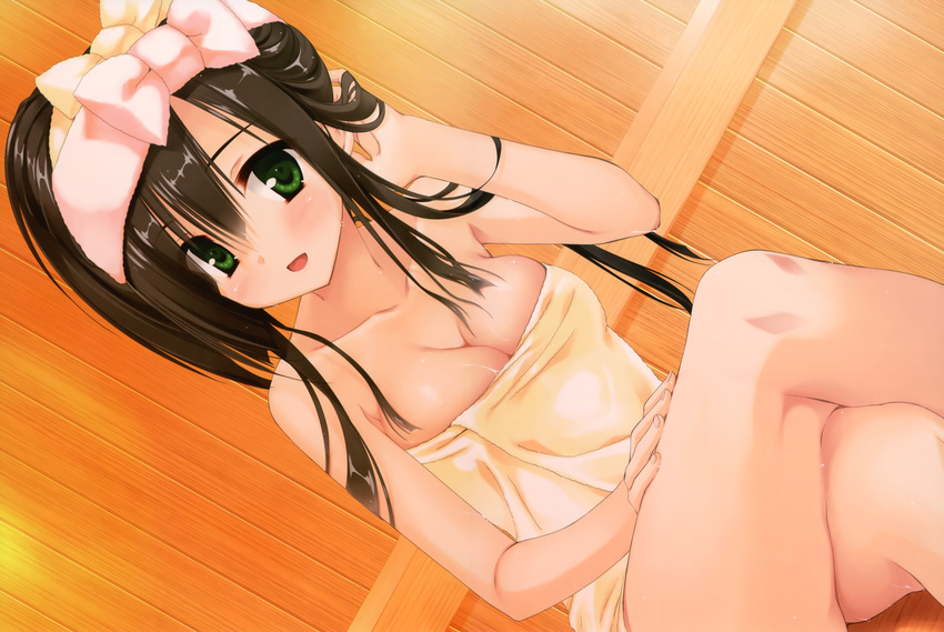 :d absurdres bare_shoulders breasts brown_hair cleavage crossed_legs dutch_angle green_eyes hand_in_hair highres kobuichi kore_wa_zombie_desu_ka? long_hair medium_breasts naked_towel open_mouth sauna scan seraphim_(kore_wa_zombie_desu_ka?) sitting smile solo towel towel_on_head