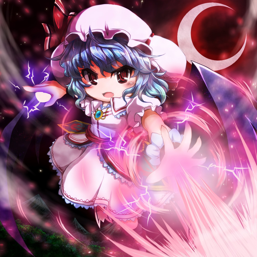 aiming_at_viewer bat_wings blue_hair brooch crescent_moon energy_ball energy_beam fang flying forest hat hat_ribbon highres jewelry looking_at_viewer mob_cap moon mountain nature night open_mouth outdoors outstretched_hand puffy_short_sleeves puffy_sleeves red_eyes red_moon remilia_scarlet ribbon sash short_hair short_sleeves skirt skirt_set solo sore_(whirlwind) touhou wings wrist_cuffs