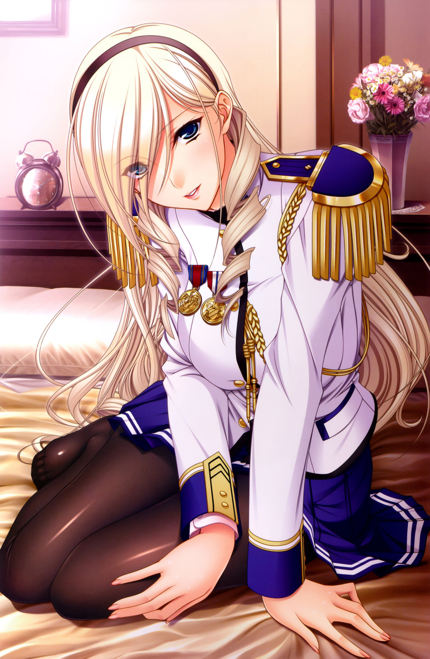 absurdres alarm_clock bed black_legwear blonde_hair blue_eyes celia_kumani_entory clock drill_hair epaulettes flower hair_over_one_eye hairband head_tilt highres komori_kei leaning_forward long_hair looking_at_viewer medal no_shoes on_bed pantyhose picture_frame pillow pleated_skirt scan school_uniform sitting skirt smile solo twin_drills uniform vase walkure_romanze yokozuwari