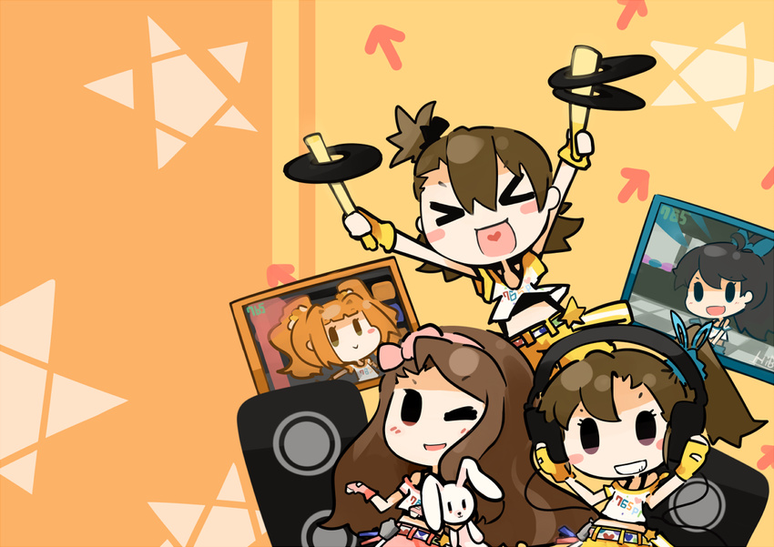 &gt;_&lt; :&gt; :d aqua_eyes bad_id bad_pixiv_id black_hair blush_stickers brown_hair chibi closed_eyes directional_arrow futami_ami futami_mami ganaha_hibiki gloves green_eyes grin hair_ribbon headphones idolmaster idolmaster_(classic) minase_iori multiple_girls one_eye_closed open_mouth orange_hair ponytail purple_eyes record red_eyes ribbon saku_(osake_love) side_ponytail smile speaker star stuffed_animal stuffed_bunny stuffed_toy takatsuki_yayoi twintails xd