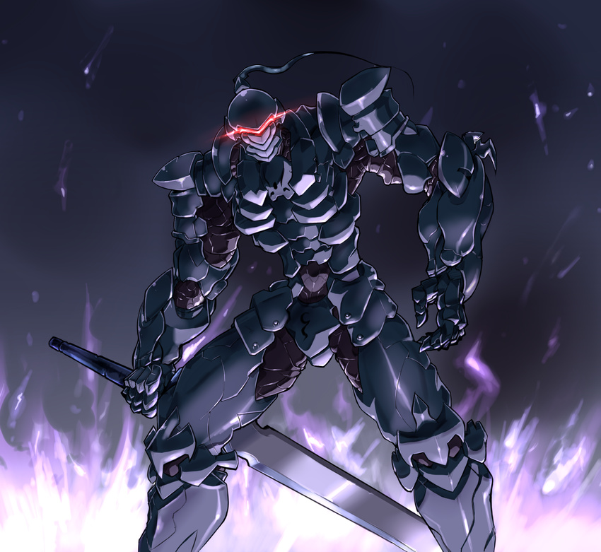 armor arondight berserker_(fate/zero) black_armor depo_(typebaby505) fate/zero fate_(series) fire full_armor highres male_focus purple_fire solo sword weapon