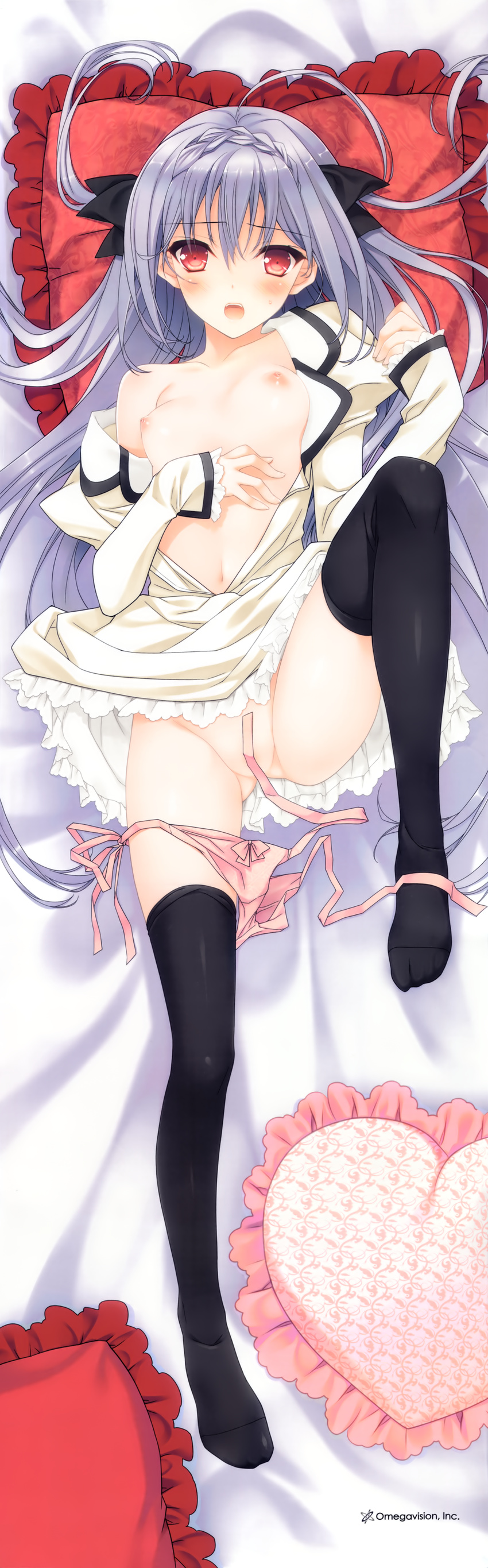 absurdres breasts censored convenient_censoring dakimakura day dress dress_lift frilled_pillow frills full_body grey_hair heart heart_pillow highres huge_filesize leg_up long_hair nipples no_bra open_clothes open_dress open_mouth panties panty_pull pillow pink_hair pink_panties sakurakouji_luna side-tie_panties small_breasts solo suzuhira_hiro tsuki_ni_yorisou_otome_no_sahou underwear untied