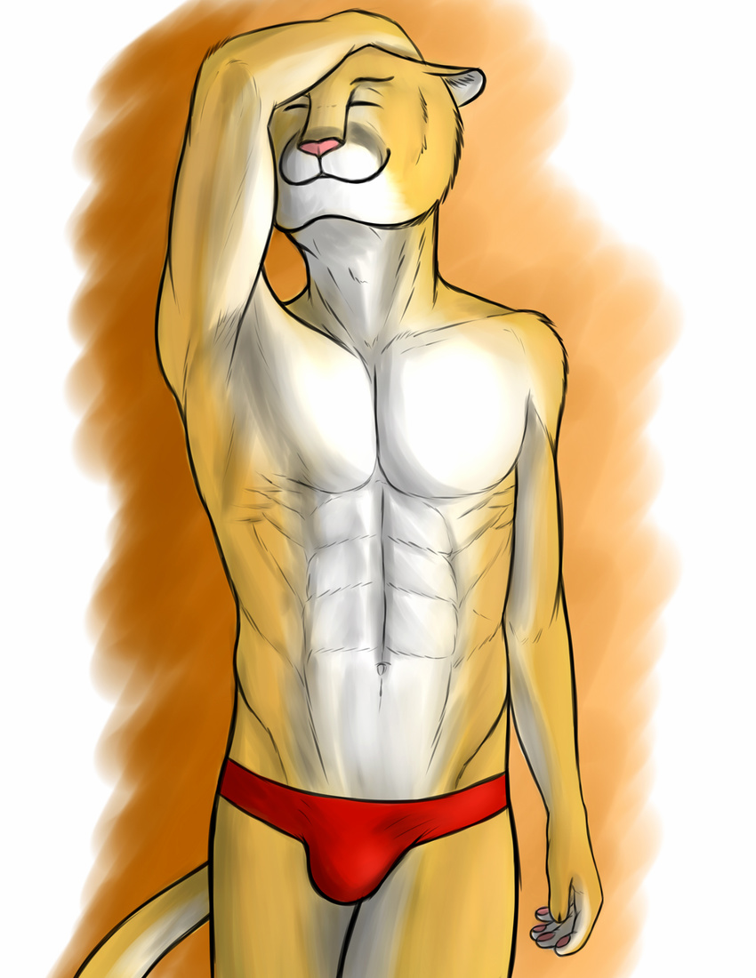 abs aolun aolun_(artist) cougar eyes_closed feline male mammal muscles thong underwear