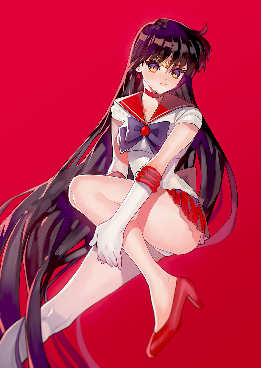 arutera back_bow bad_id bad_pixiv_id banned_artist bare_legs bishoujo_senshi_sailor_moon black_hair bow choker closed_mouth elbow_gloves full_body gloves high_heels highres hino_rei long_hair magical_girl purple_eyes red red_background red_sailor_collar red_skirt ribbon sailor_collar sailor_mars sailor_senshi_uniform skirt smile solo tiara very_long_hair white_gloves