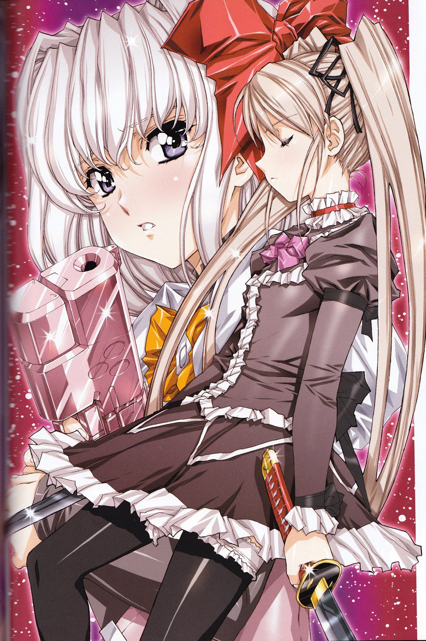 bangs blonde_hair character_request closed_eyes evil_heart gun highres holding holding_gun holding_sword holding_weapon katana light_brown_hair long_hair long_sleeves multiple_girls pantyhose parted_lips scan source_request sword thighhighs urushihara_satoshi very_long_hair weapon white_hair