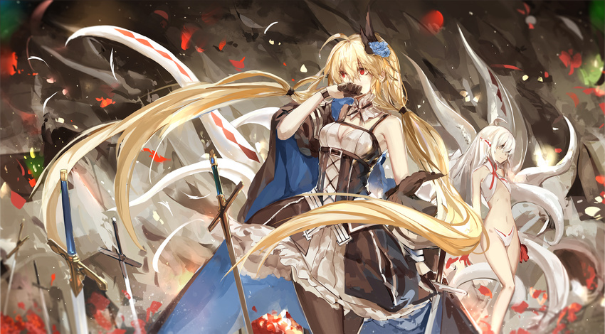 absurdly_long_hair ahoge black_flower black_gloves black_legwear blonde_hair breasts cleavage covering_mouth dress floating_hair flower gloves hair_between_eyes hair_flower hair_ornament half_gloves hand_over_own_mouth highres holding holding_sword holding_weapon long_hair medium_breasts midriff multiple_girls navel pantyhose pixiv_fantasia pixiv_fantasia_fallen_kings red_eyes saberiii silver_hair sleeveless sleeveless_dress small_breasts stomach sword twintails very_long_hair weapon