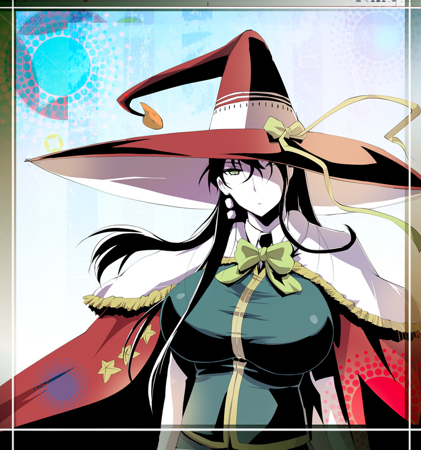 black_hair breasts cape green_eyes hat_over_one_eye kagari_ayaka large_breasts long_hair looking_at_viewer solo witch_craft_works yunioshi