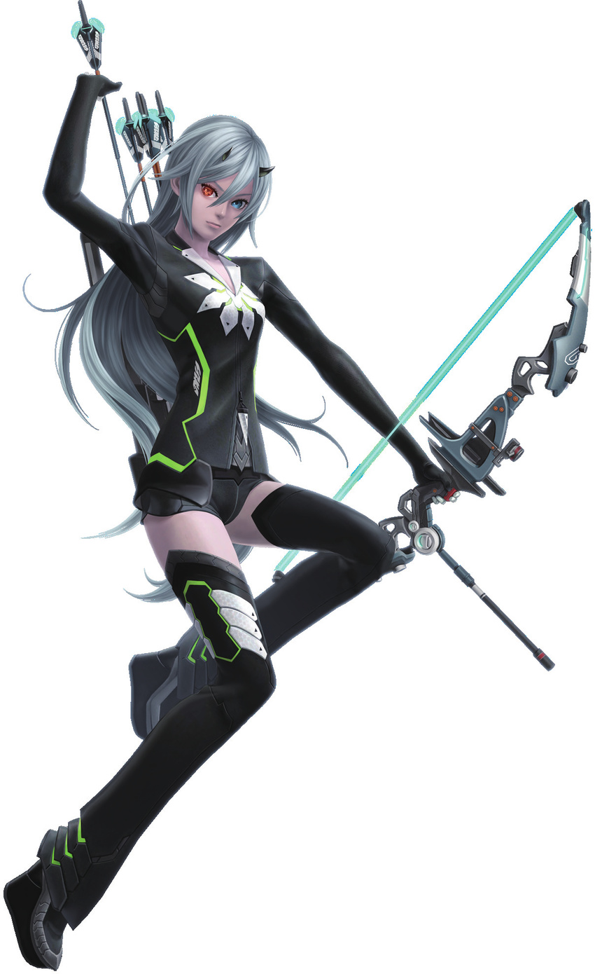 blue_eyes bow_(weapon) edel_serin heterochromia highres horns long_hair looking_at_viewer phantasy_star phantasy_star_online_2 red_eyes shorts silver_hair simple_background solo thighhighs weapon