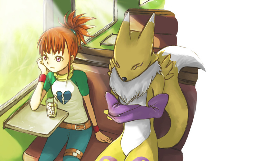 blue_eyes canine chest_tuft clothed clothing digimon drink duo eyes_closed facial_markings female fox fur gloves hair human ice mammal markings renamon rerenana rika_nonaka sitting straw table tuft white_fur window