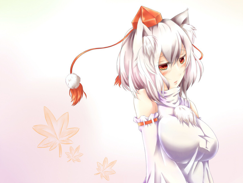 animal_ears bare_shoulders blush breast_squeeze breasts detached_sleeves embarrassed hat inubashiri_momiji large_breasts looking_at_viewer open_mouth red_eyes retorosoft short_hair silver_hair solo tokin_hat touhou wolf_ears