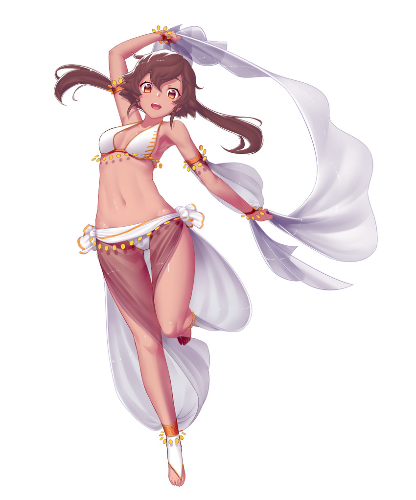 :d anklet arm_up armlet bare_legs barefoot breasts brown_hair dancer dark_skin dev full_body hair_between_eyes harem_outfit highres jewelry medium_breasts navel open_mouth original sash shiny shiny_skin simple_background smile solo toeless_legwear twintails white_background yellow_eyes