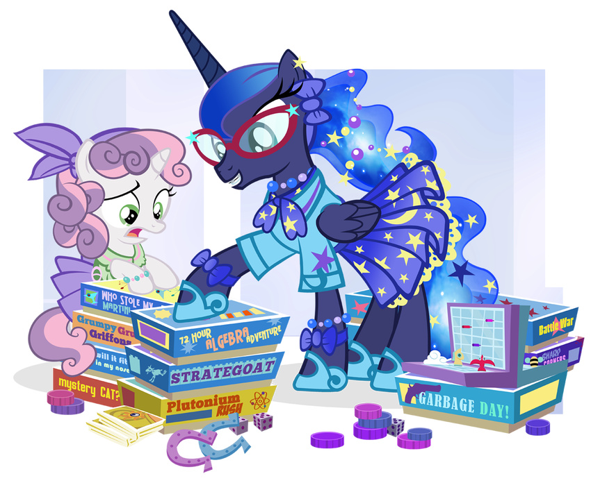 alpha_channel blue_eyes blue_hair board_game bow bracelet braces cards clothing coins dice duo english_text equine eyewear female friendship_is_magic glasses green_eyes hair hairband horse horseshoe jewelry mammal my_little_pony pink_hair pixelkitties pony princess_luna_(mlp) purple_hair scarf skirt sparkles star sweetie_belle_(mlp) text two_tone_hair