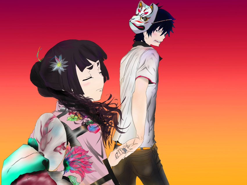 1boy 1girl ao_no_exorcist blue_eyes blush couple eyebrows hand_holding hime_eyebrows japanese_clothes kamiki_izumo kimono mask okumura_rin twintails