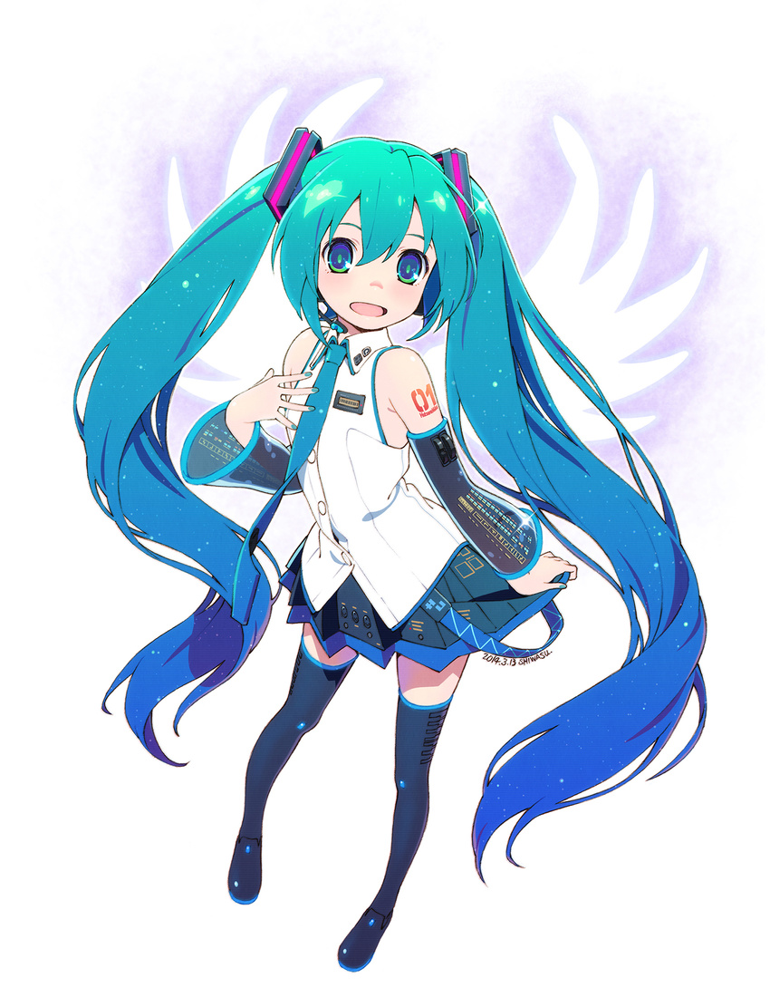blue_hair boots detached_sleeves gradient_hair green_eyes green_hair hatsune_miku highres long_hair looking_at_viewer multicolored_hair necktie open_mouth shiwasu_takashi skirt solo thigh_boots thighhighs twintails very_long_hair vocaloid wings zettai_ryouiki