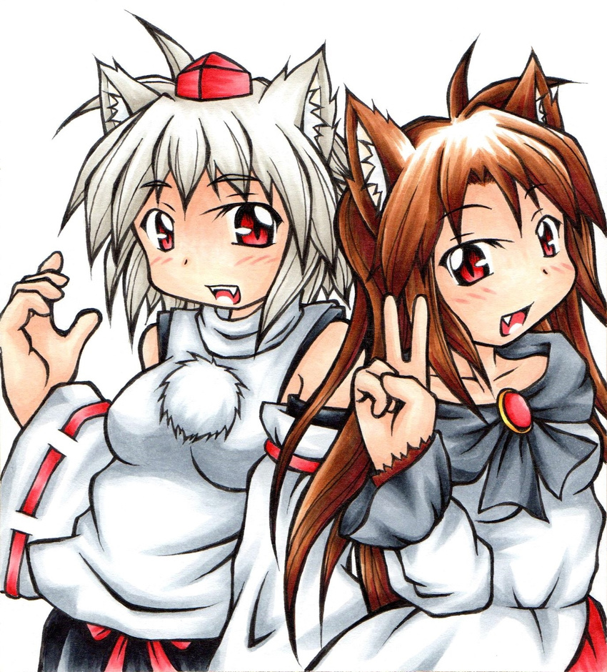 animal_ears bare_shoulders blush breasts brown_hair detached_sleeves fang happy hat highres imaizumi_kagerou inte_(whitewolftail) inubashiri_momiji long_hair looking_at_viewer medium_breasts multiple_girls open_mouth red_eyes short_hair silver_hair tokin_hat touhou v wolf_ears