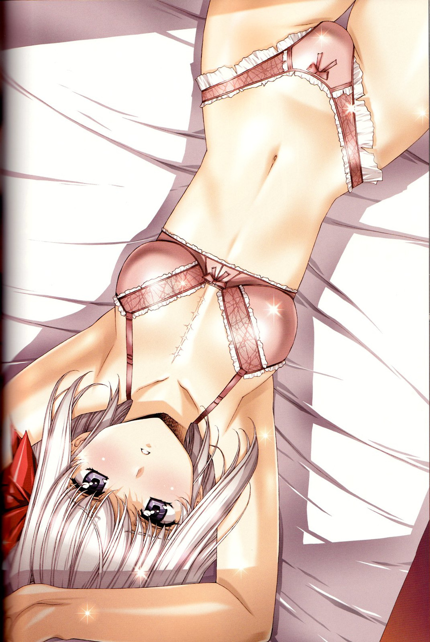armpits arms_up bangs bed_sheet blue_eyes blush bow bow_bra bow_panties bra breasts breasts_apart chest_scar cleavage cowboy_shot dutch_angle evil_heart frilled_bra frilled_panties frills from_above groin hair_bow highleg highleg_panties highres looking_at_viewer lying medium_breasts mirei_akira navel official_art on_back on_bed panties parted_lips pink_bra pink_panties red_bow scan scar solo sparkle thigh_gap underwear underwear_only upside-down urushihara_satoshi white_hair
