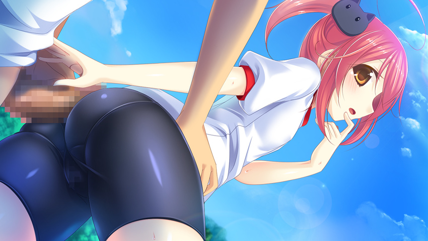 1boy 1girl bike_shorts buttjob censored cloud fumizuki_yukari game_cg gym_uniform ogino_yuzu open_mouth outdoors penis pink_hair short_hair sky st_chakuero_gakuen swaneye sweat tongue torso_grab tree