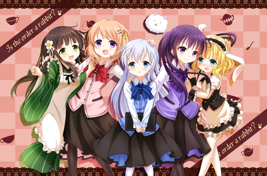 :3 :d :o ama_usa_an_uniform apron black_legwear blonde_hair blue_eyes blue_hair blush brown_hair checkered checkered_background copyright_name cup dress_shirt english fleur_de_lapin_uniform flower frilled_apron frills gochuumon_wa_usagi_desu_ka? green_eyes hair_flower hair_ornament hairclip hand_on_another's_head hand_on_another's_shoulder highres holding hoto_cocoa kafuu_chino kirima_sharo lace_border lineup long_hair looking_at_viewer maid_headdress multiple_girls nanakusagayu_(nanakusa_garou) neck_ribbon nose_blush open_mouth purple_eyes purple_hair rabbit_house_uniform ribbon shirt short_hair short_sleeves silhouette skirt sleeves_past_wrists smile standing teacup teapot tedeza_rize thighhighs tippy_(gochiusa) twintails ujimatsu_chiya v_arms vest wa_maid white_legwear wide_sleeves wrist_cuffs x_hair_ornament