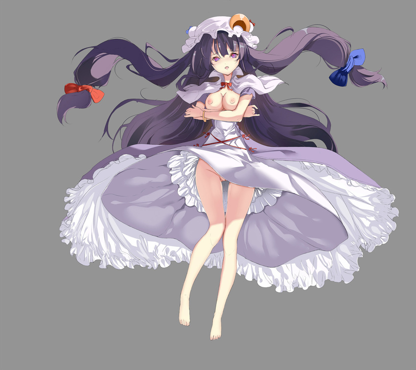 bow breasts capelet dress grey_background groin hair_bow hair_ornament hat highres long_hair medium_breasts mob_cap nipples no_panties open_mouth patchouli_knowledge pentagram purple_eyes purple_hair robe short_sleeves sidelocks simple_background solo touhou wind wind_lift zhu_fun