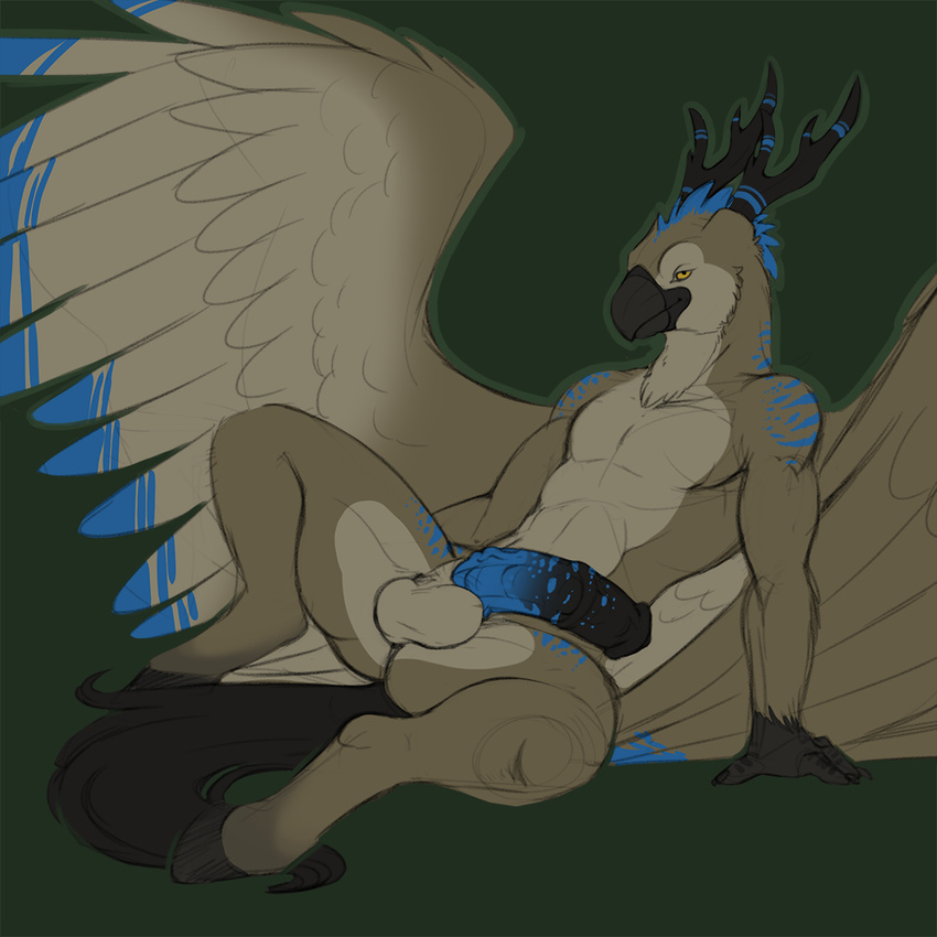animal_genitalia anthro antlers balls beak biceps big_penis black_penis blue_body blue_penis body_markings brown_body butt claws erection feathers fur green_background grin hippogryph hooves horn horsecock hybrid male markings muscles nude pecs penis plain_background pose presenting sheath sitting sketch smile solo spread_legs spreading stripes tojo_the_thief toned vein wings yellow_eyes