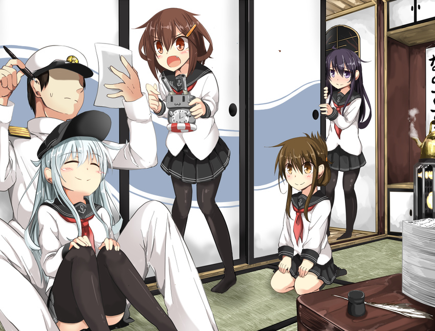 4girls admiral_(kantai_collection) akatsuki_(kantai_collection) black_hair brown_eyes brown_hair fang folded_ponytail hair_ornament hako_roku hat hibiki_(kantai_collection) ikazuchi_(kantai_collection) inazuma_(kantai_collection) kantai_collection long_hair long_sleeves multiple_girls open_mouth pantyhose school_uniform serafuku short_hair silver_hair sitting sitting_on_lap sitting_on_person skirt smile thighhighs