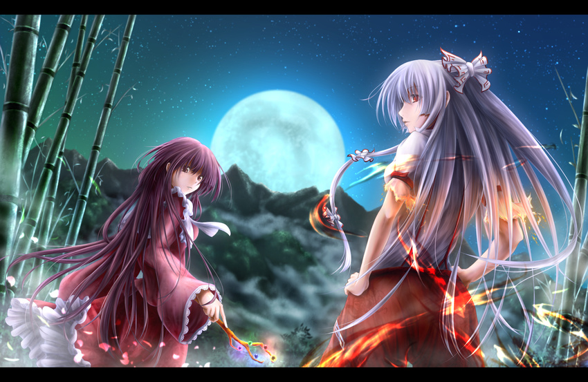 bamboo bamboo_forest bow branch brown_eyes forest fujiwara_no_mokou full_moon hair_bow hair_ribbon hands_on_hips highres houraisan_kaguya husky_(artist) jeweled_branch_of_hourai letterboxed long_hair long_sleeves looking_at_viewer looking_back moon mountain multiple_girls nature night pants purple_hair red_eyes ribbon shirt short_sleeves silver_hair skirt sky star_(sky) starry_sky suspenders touhou tress_ribbon very_long_hair wide_sleeves