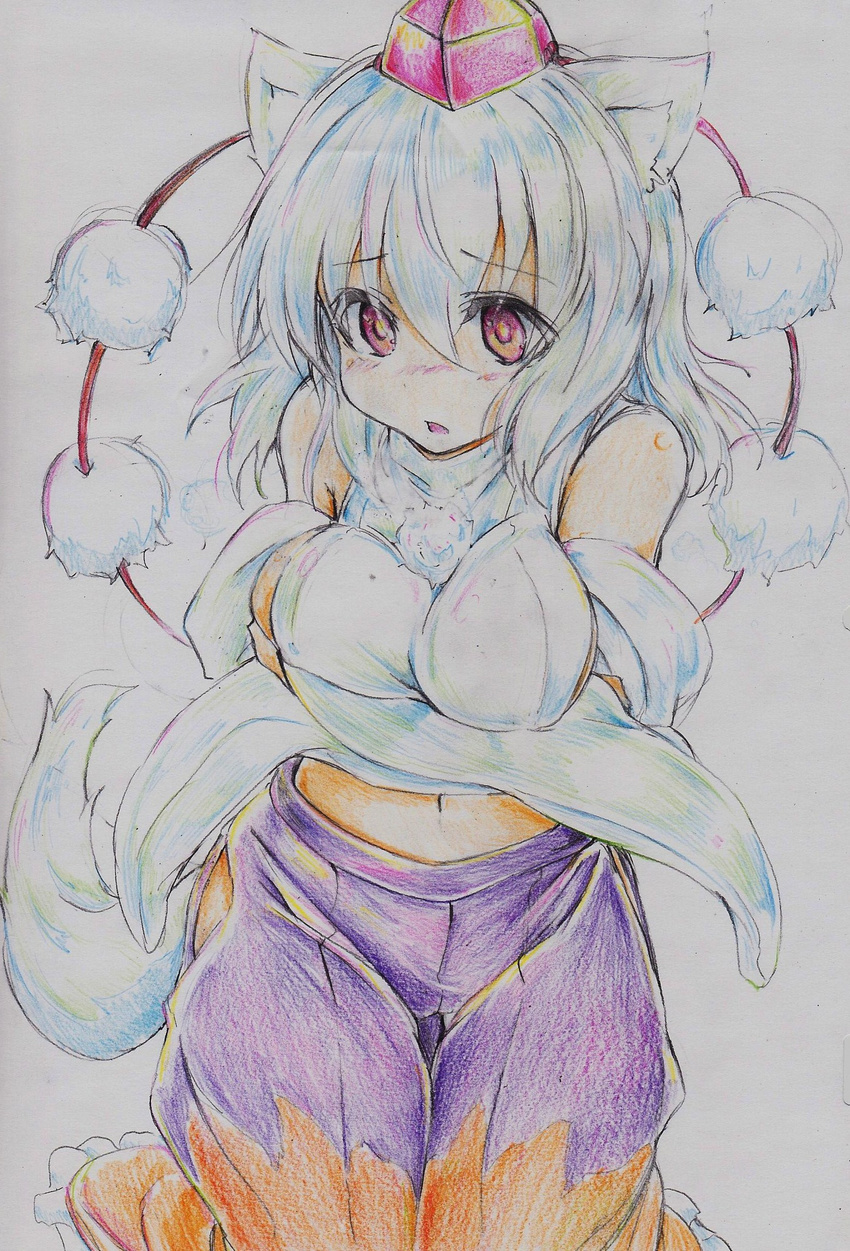 animal_ears bare_shoulders blush breasts colored_pencil_(medium) detached_sleeves hat highres inubashiri_momiji kitazinger large_breasts midriff navel open_mouth red_eyes short_hair silver_hair skirt solo tail tokin_hat touhou traditional_media wolf_ears wolf_tail