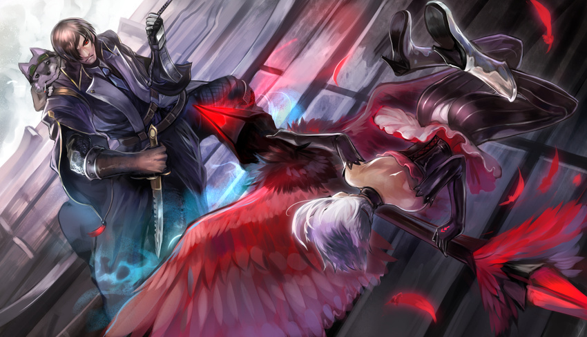 1girl animal armor belt boots brown_hair cigarette commentary_request dutch_angle elbow_gloves feathers fox frown gloves goggles goggles_on_head hair_over_one_eye highres knife lance necktie pantyhose pixiv_fantasia pixiv_fantasia_fallen_kings polearm red_eyes sakazu_mekasuke scowl short_hair skirt weapon white_hair wings