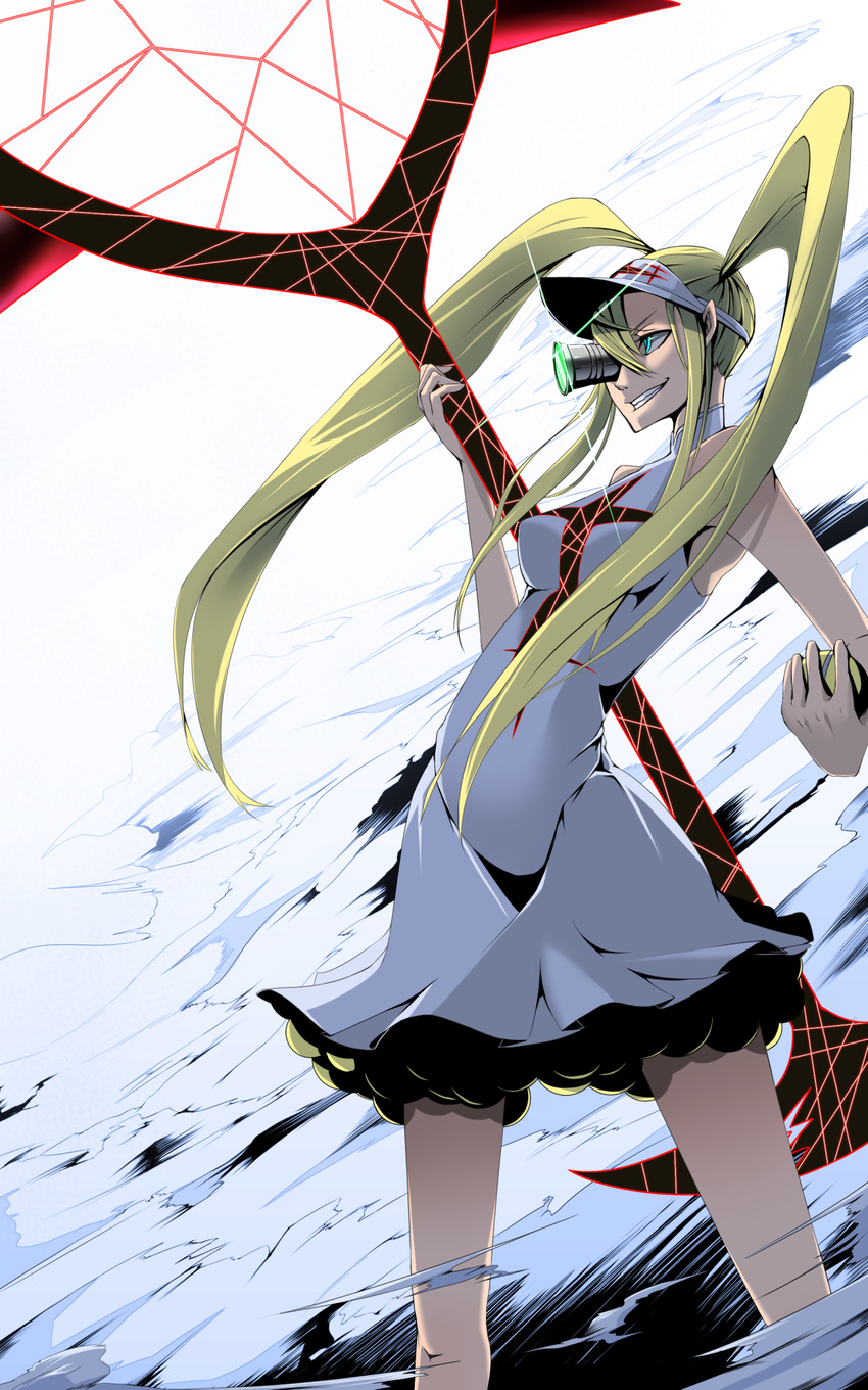 1girl ball blonde_hair blue_eyes breasts dress grin hakodate_omiko highres kill_la_kill long_hair medium_breasts oversized_object racket scope sharp_teeth smile smoke solo teeth tennis_ball tennis_racket twintails visor_cap