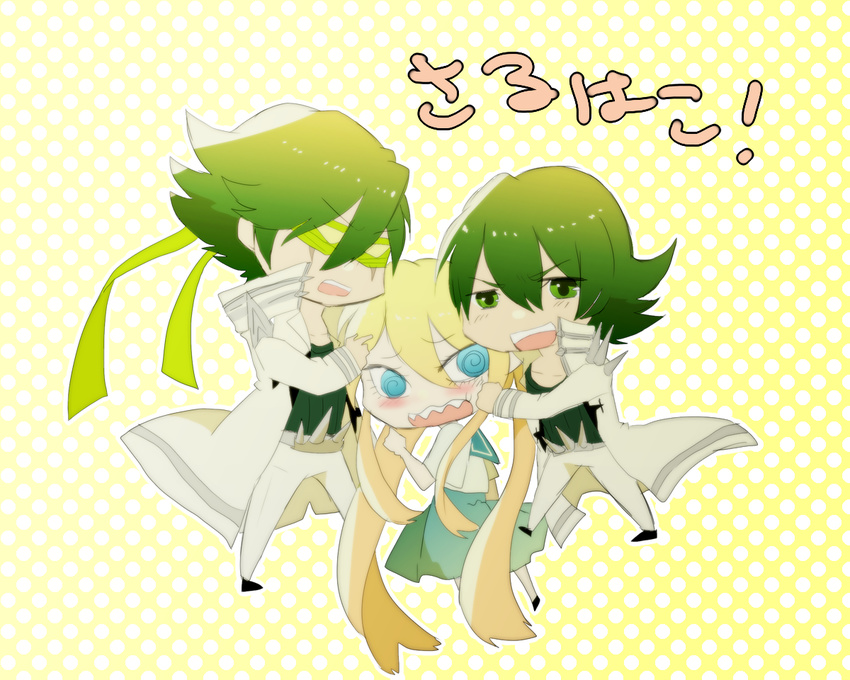 2boys @_@ blonde_hair blue_eyes chibi dual_persona green_eyes green_hair hakodate_omiko izumu_(ismiski) kill_la_kill long_hair mask multiple_boys polka_dot polka_dot_background sanageyama_uzu school_uniform serafuku short_hair spikes