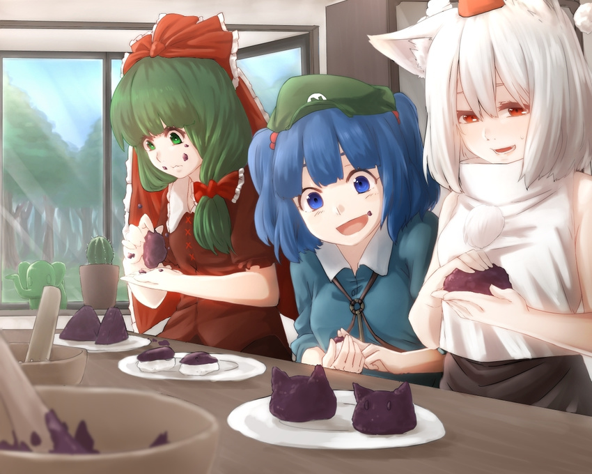 animal_ears blue_eyes blue_hair cactus food food_on_face green_eyes green_hair hair_ornament hair_ribbon hat inubashiri_momiji kagiyama_hina kawashiro_nitori kneading multiple_girls pestle red_eyes ribbon smile terimayo touhou two_side_up white_hair window