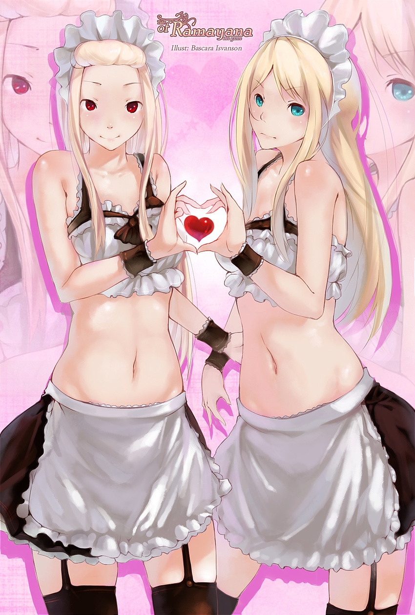 apron bad_id bad_pixiv_id bare_shoulders blonde_hair blue_eyes blue_skirt collarbone contrapposto cowboy_shot ecchi_pantsu garter_straps hand_gesture highres long_hair maid maid_headdress midriff multiple_girls navel pink_background red_eyes simple_background skirt standing thighhighs waist_apron