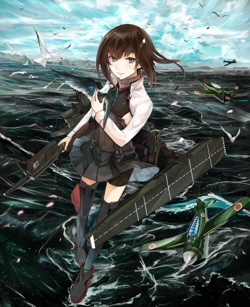 aircraft airplane anchor bird bow_(weapon) brown_hair cloud crossbow highres kantai_collection kazabana_fuuka long_sleeves military ocean short_hair skirt sky smile solo spandex taihou_(kantai_collection) weapon yellow_eyes