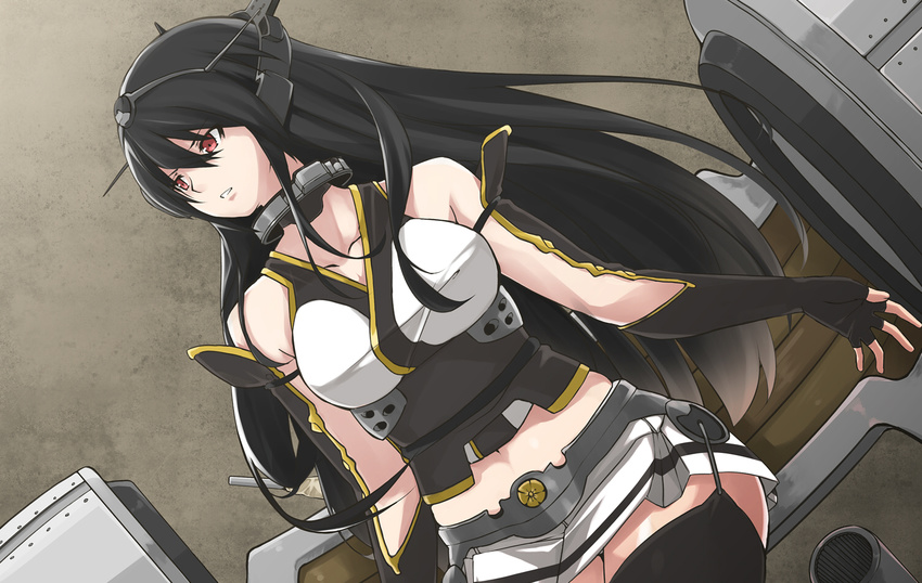 bare_shoulders black_hair blush breasts elbow_gloves fingerless_gloves gloves hair_ornament hairband headgear kantai_collection large_breasts long_hair nagato_(kantai_collection) nanaku_teiru navel open_mouth red_eyes skirt solo thighhighs
